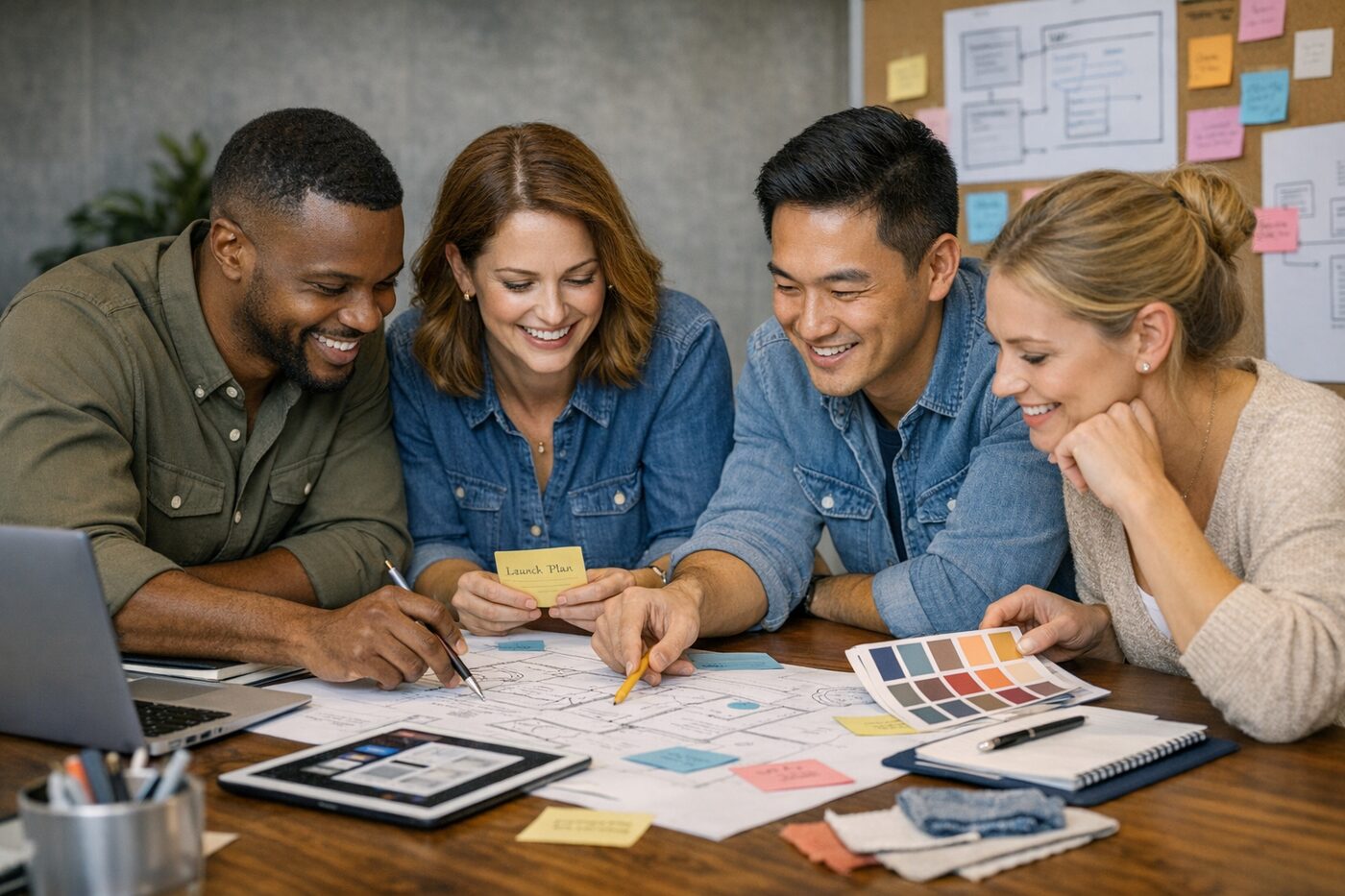 Team collaborating on a launch plan and organized workflows